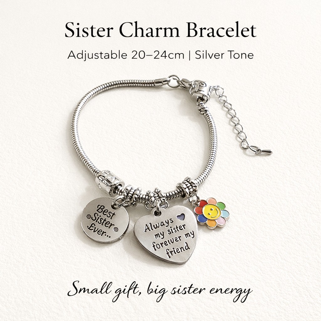 Sister Charm Bracelet Silver Adjustable Best Sister Gift Heart Flower 20-24cm