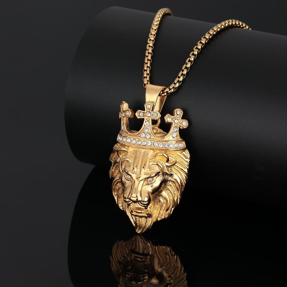 Mens Lion Head Crown Cross Pendant Necklace Hip Hop King Jesus Jewelry
