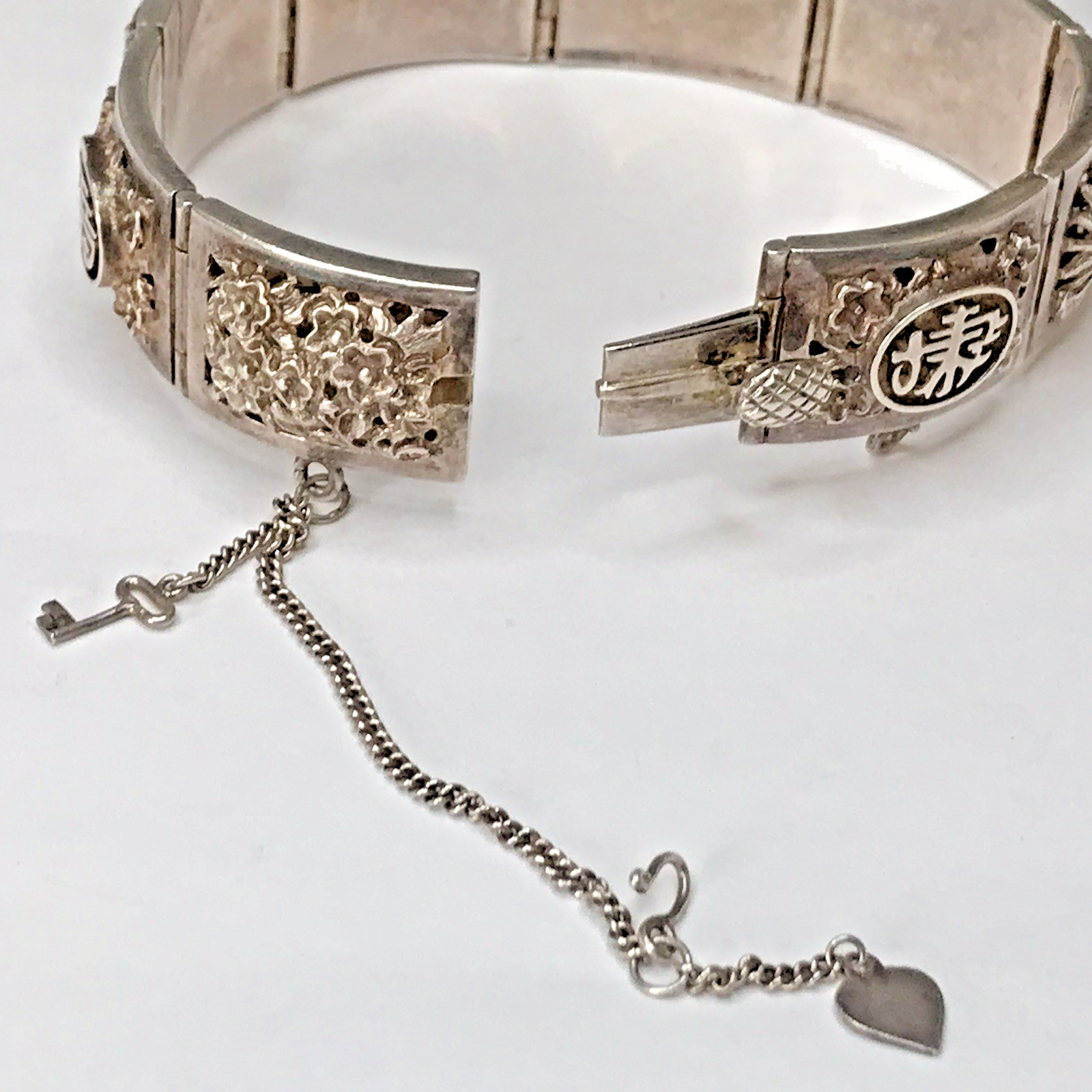 Sterling Silver Antique Chinese Character Lotus Oxidized Panel Bracelet 7″ 39.3g