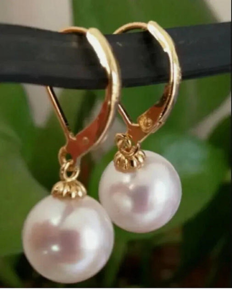 AAA 9-10mm Natural Round South Sea White Pearl Earrings in 14K Gold