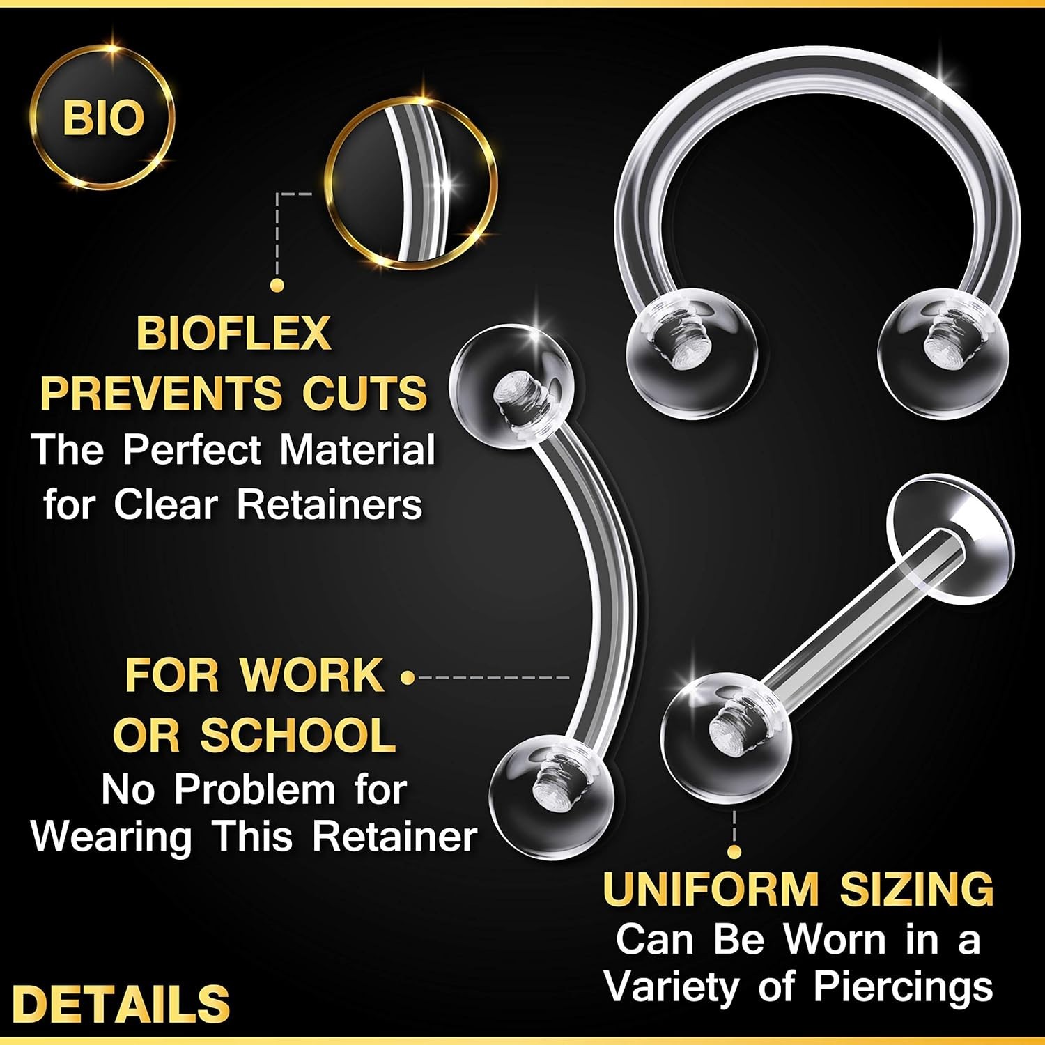 6 Bioplastic Clear Piercing Retainers – Modern 10mm Ball for Cartilage & Lobe