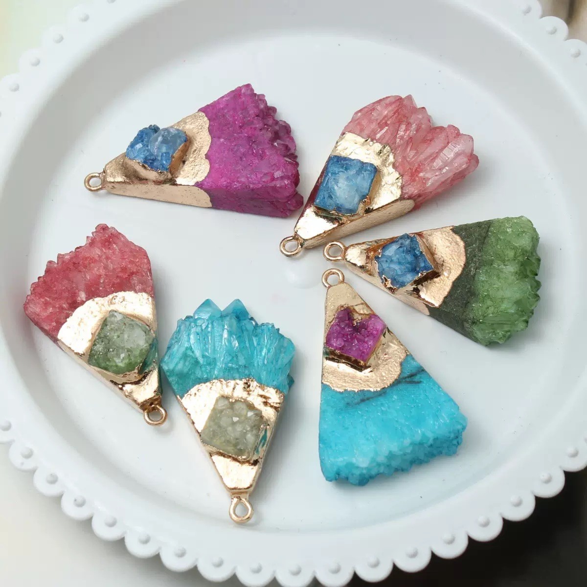Colorful Natural Stone Triangle Pendant Charm Irregular Slice No Chain