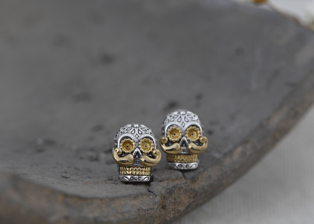 Sterling Silver Sugar Skull Earrings Copper Mustache Studs Day of Dead Jewelry