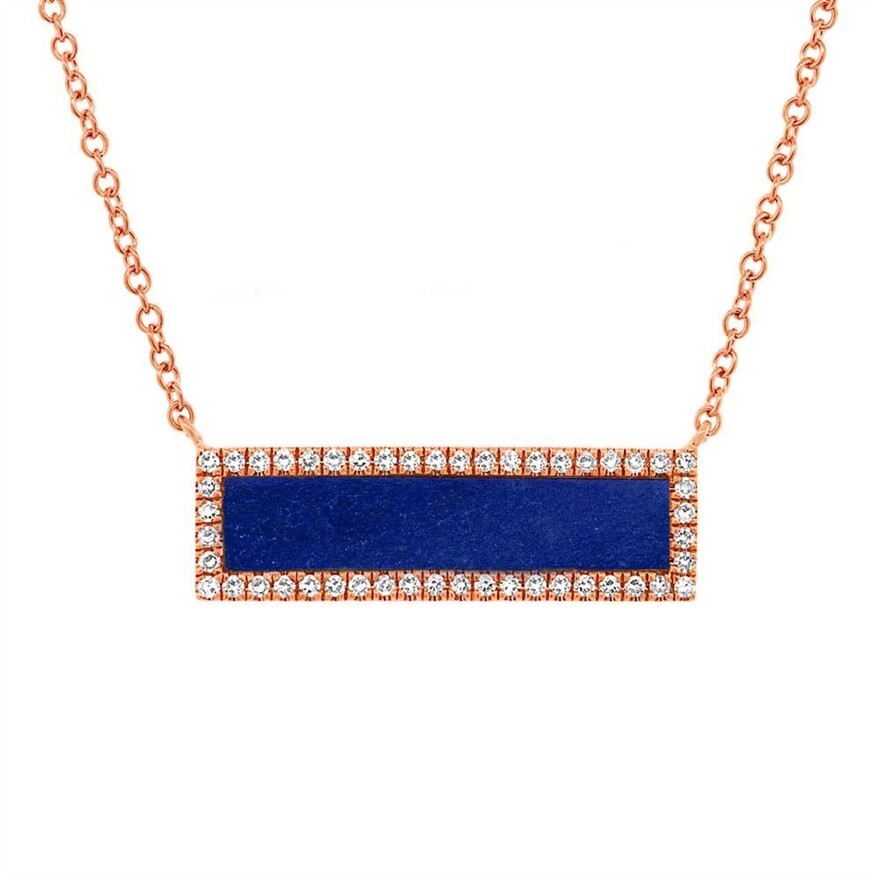 Lapis Lazuli Diamond Bar Pendant Necklace 14K Rose Gold 0.82CTW Natural