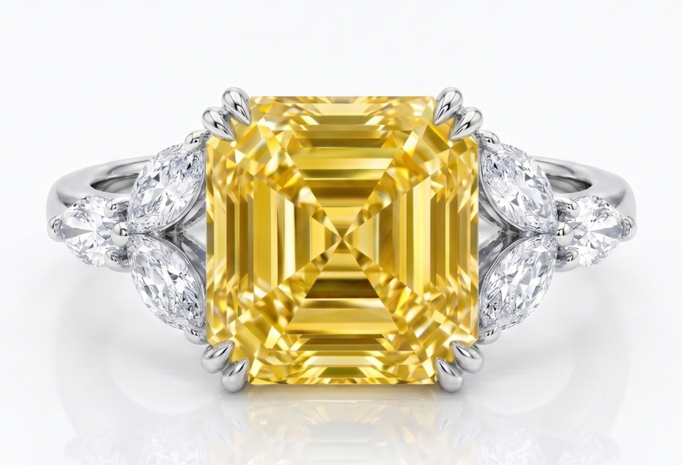 5.30 Ct Certified Asscher Cut Yellow Natural Diamond Ring VVS1 White Gold Finish