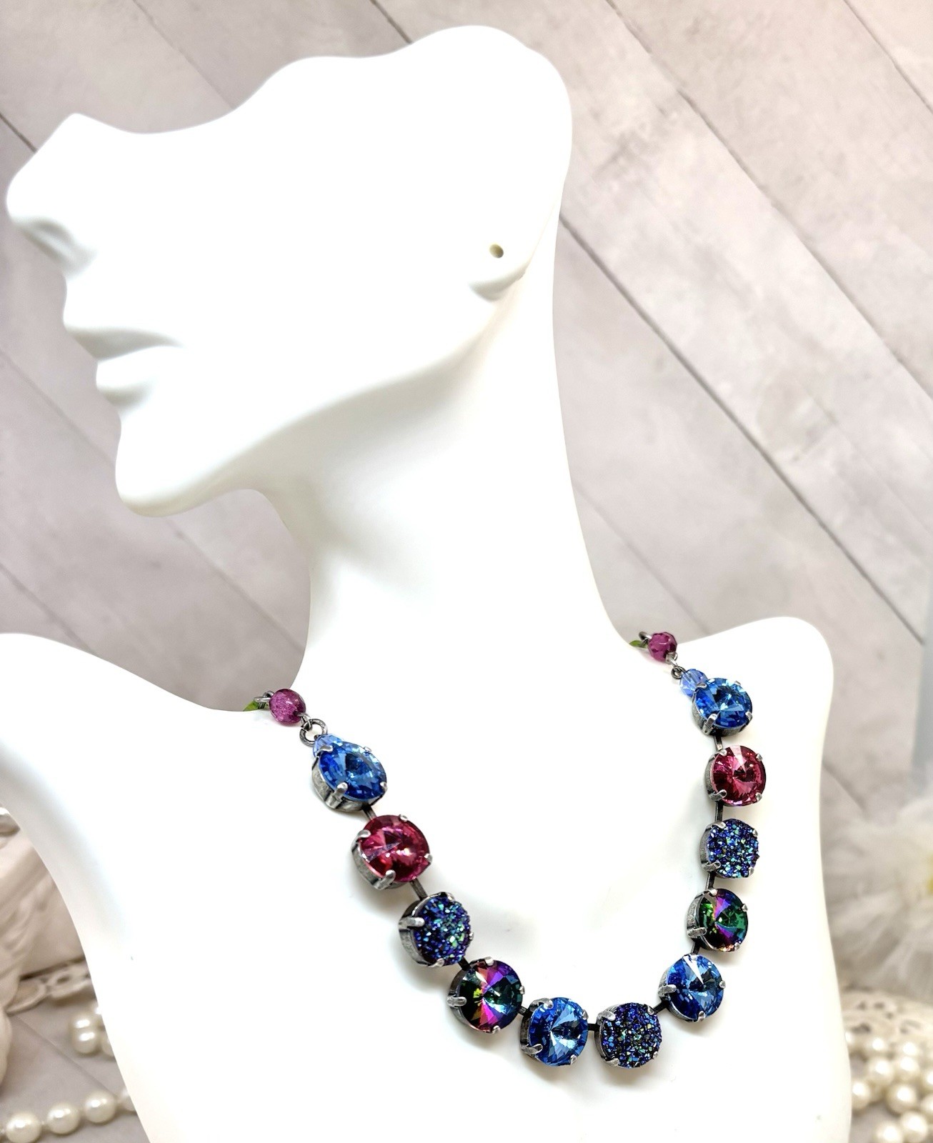 12mm Antique Silver Plated Ice Blue And Pink Druzy Cup Chain Statement Necklace