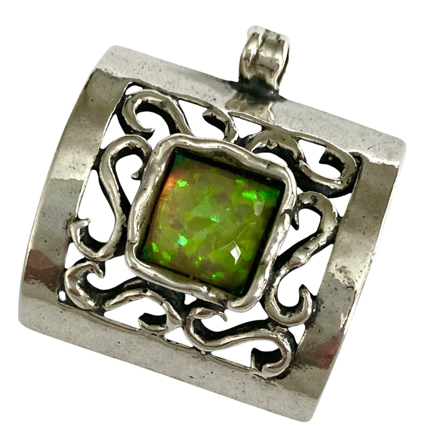 VINTAGE ARTISAN ISRAEL Sterling Silver Square Open Work Scroll OPAL Pendant