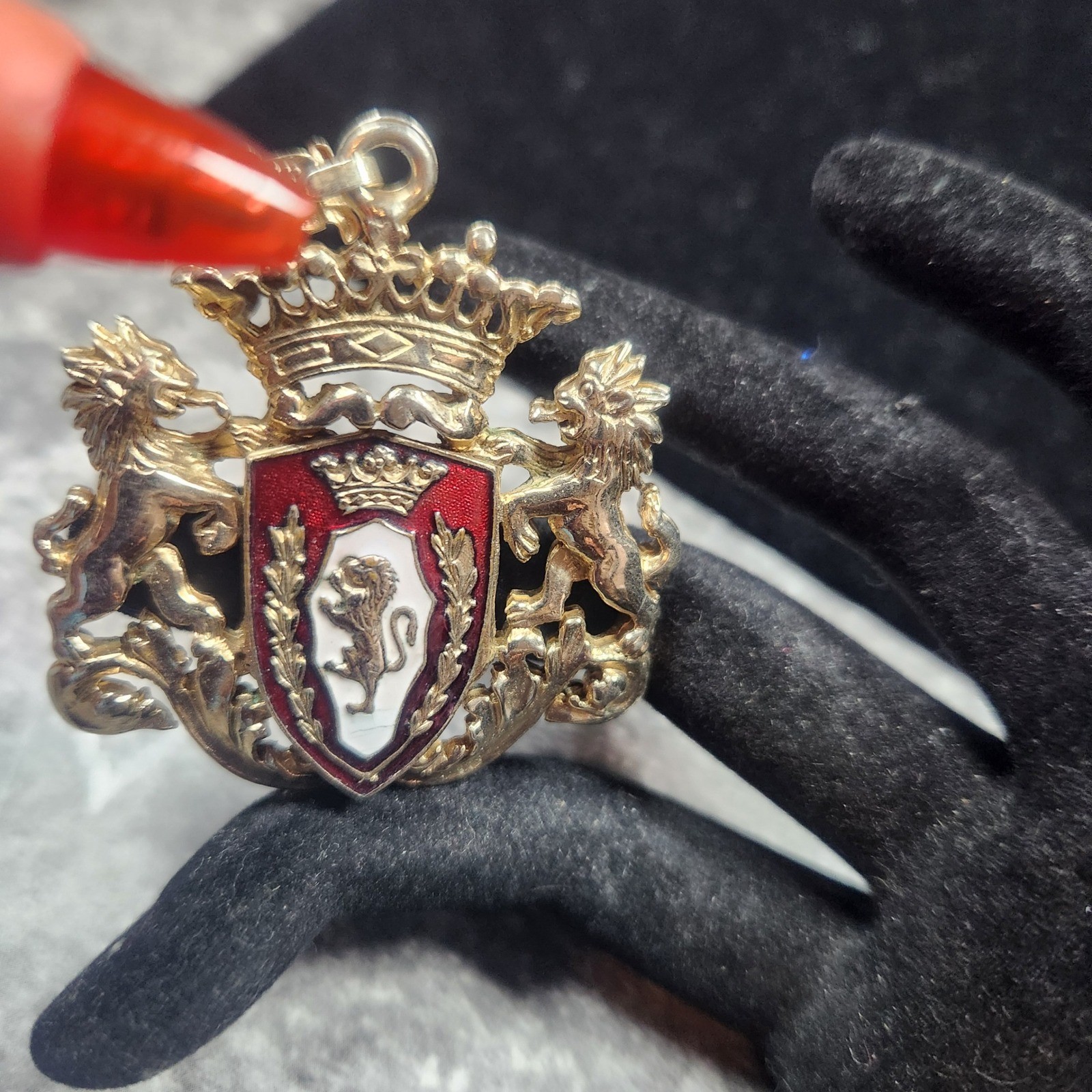 Vintage Heraldic Crest Lion Gold Tone Red White Enamel Coat of Arms Crown charm