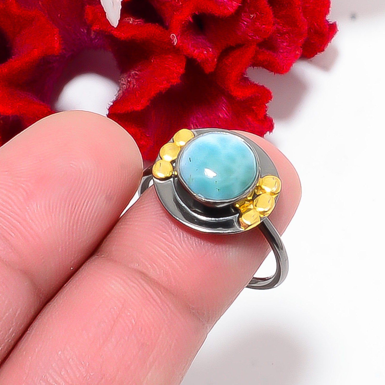 Larimar Black And Gold Plated 925 Sterling Silver Ring S.8.5 R84459