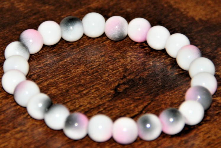 White Black Pink Splotch Round Glass Bead Stretch Bracelet Fashion Jewelry Boho