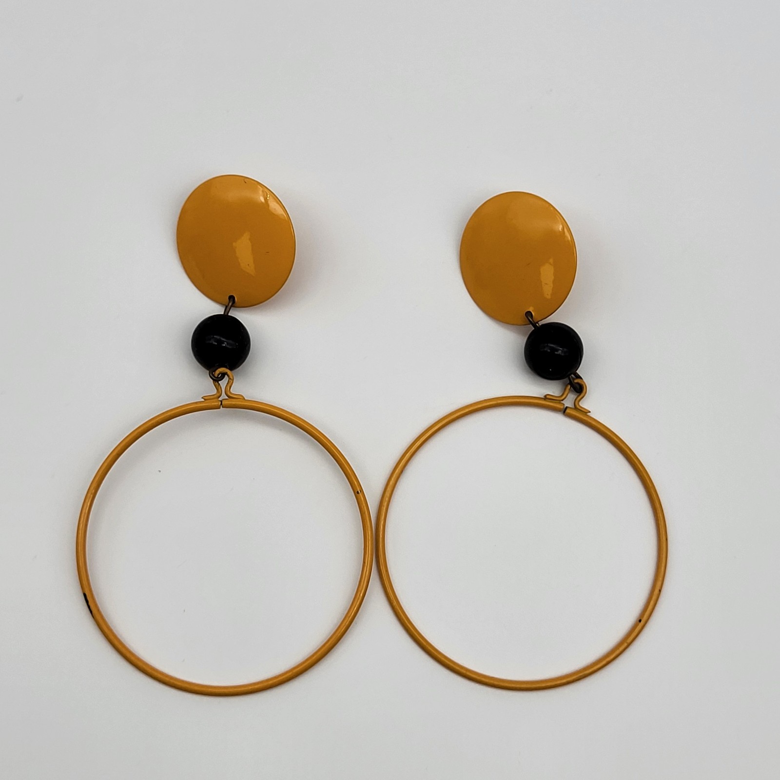 Fabulous Vintage Mustard Yellow Enamel Disco Hippie Earrings Large Hoops Bold