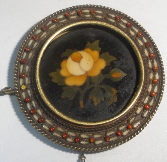 ANTIQUE 1800`s ITALIAN FLOWERS PIETRA DURA IN 10K GOLD ENAMEL PENDANT