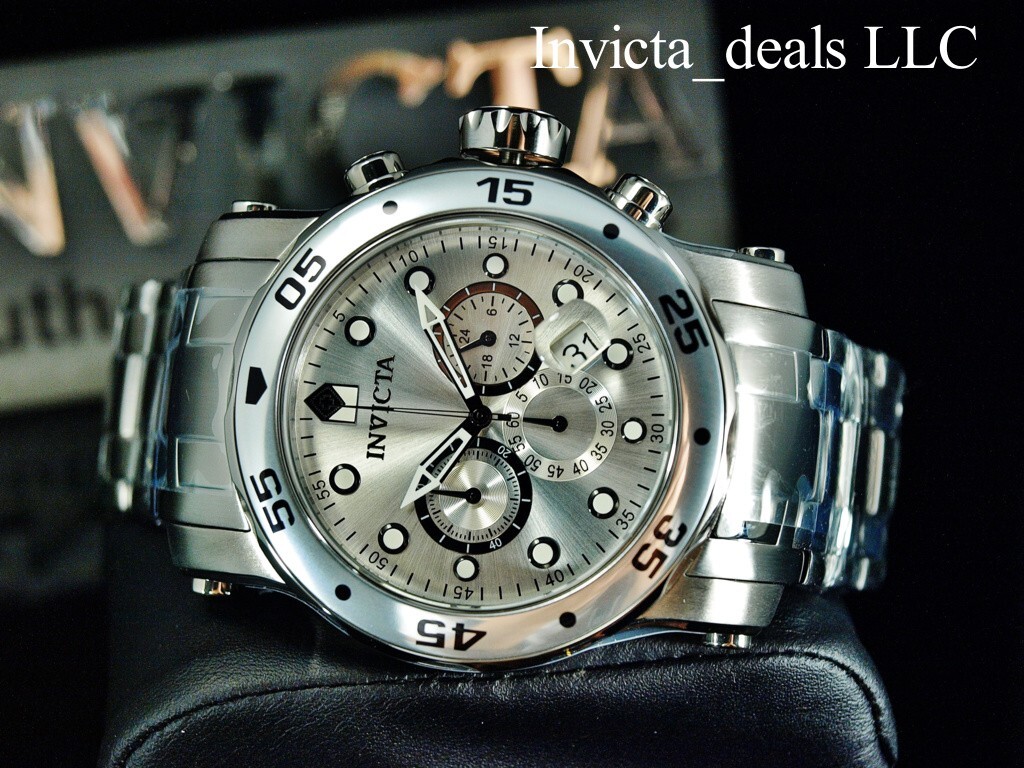Invicta Men’s 48mm Pro Diver SCUBA Chronograph SILVER DIAL ALL Silver Tone Watch