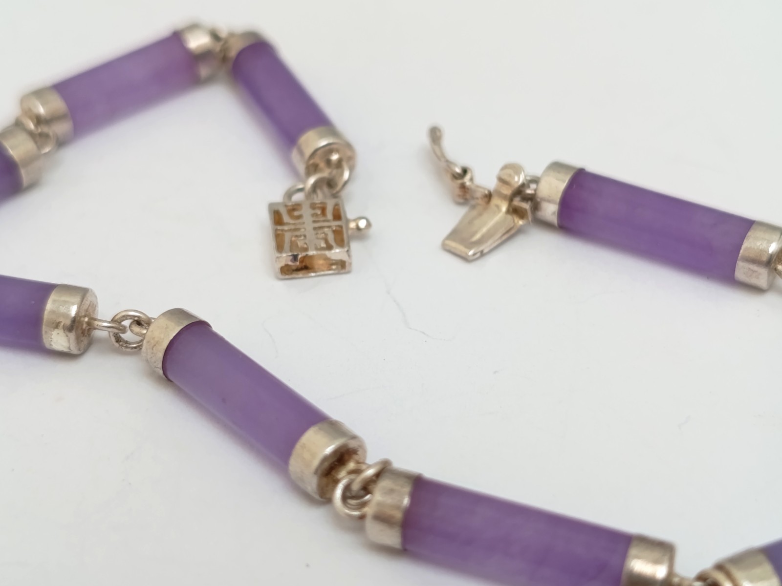 Vtg Chinese Lavender Jadeite Jade Tube Bracelet 925 Sterling Silver Shou Clasp