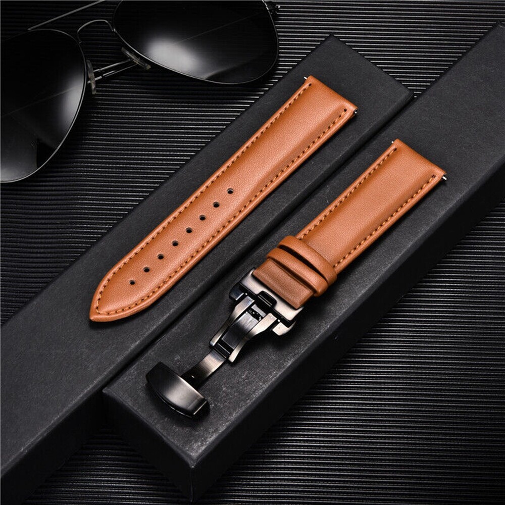 Genuine Leather Watch Band Strap Butterfly Buckle Bracelet 14/16/18/20/22/24mm