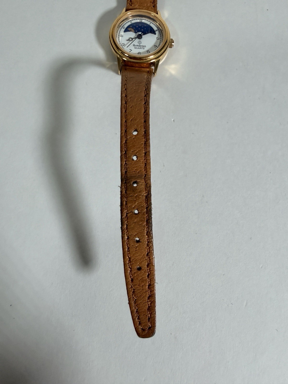 VTG Armitron Quartz Watch Women Moon Phase Gold Tone Leather Analog