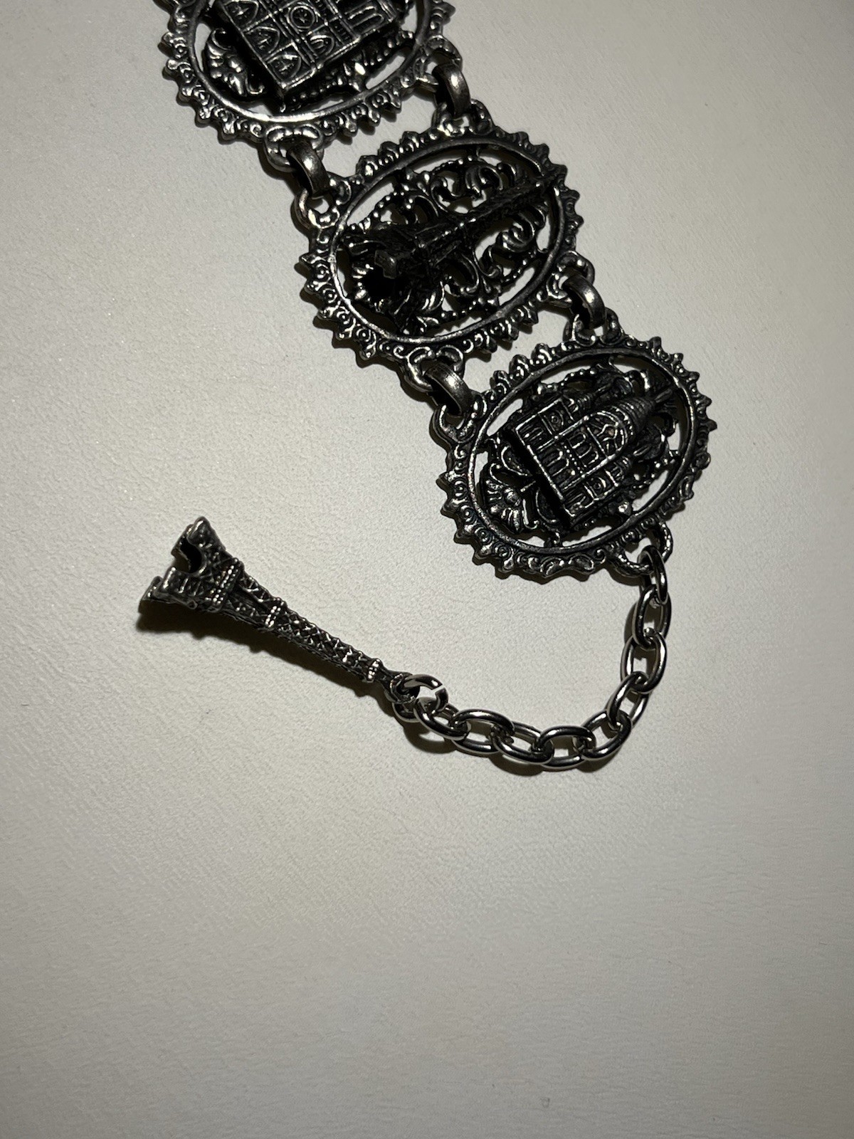 Vintage Paris Eiffel Tower Black Gray Metal Panel Bracelet