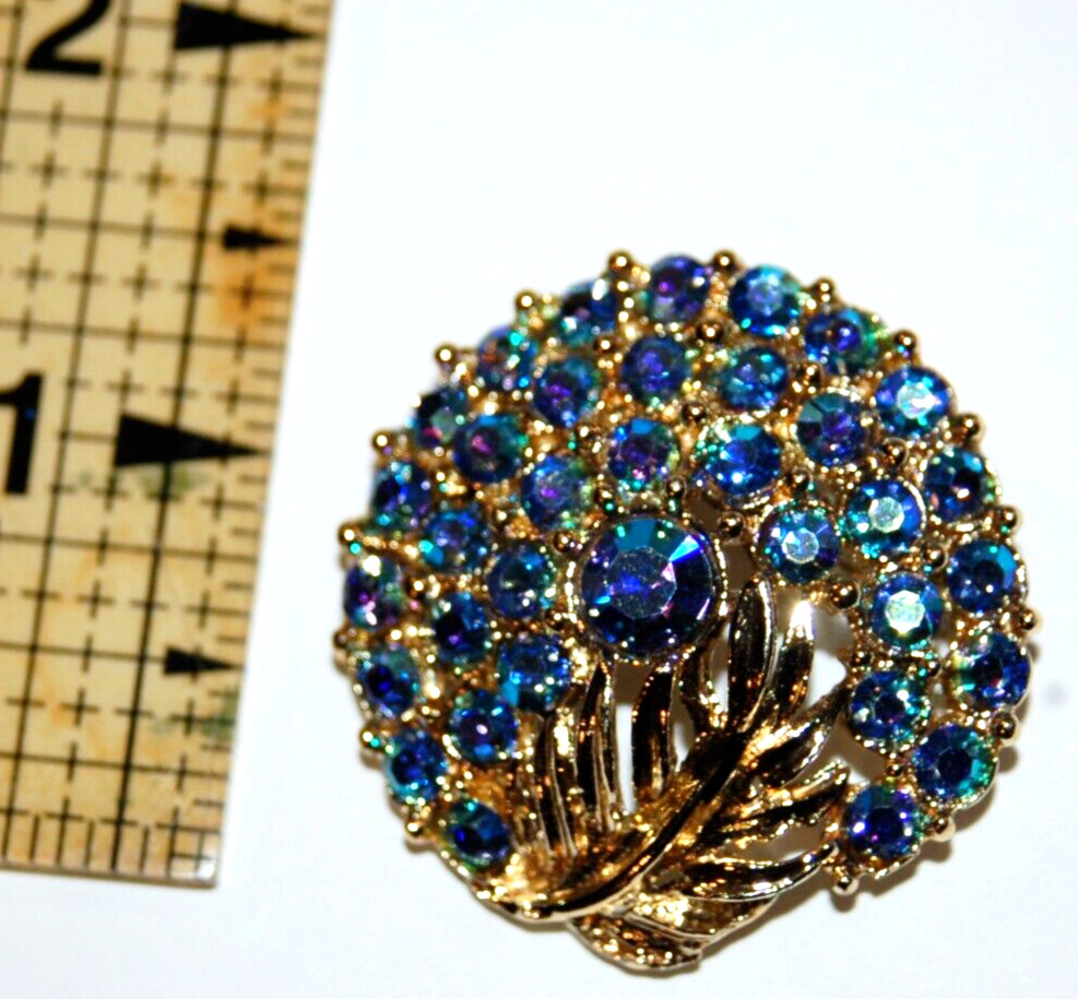 Rhinestone Brooch Blue Iridescent Feather Circle Leaf Vintage Costume Jewelry 7