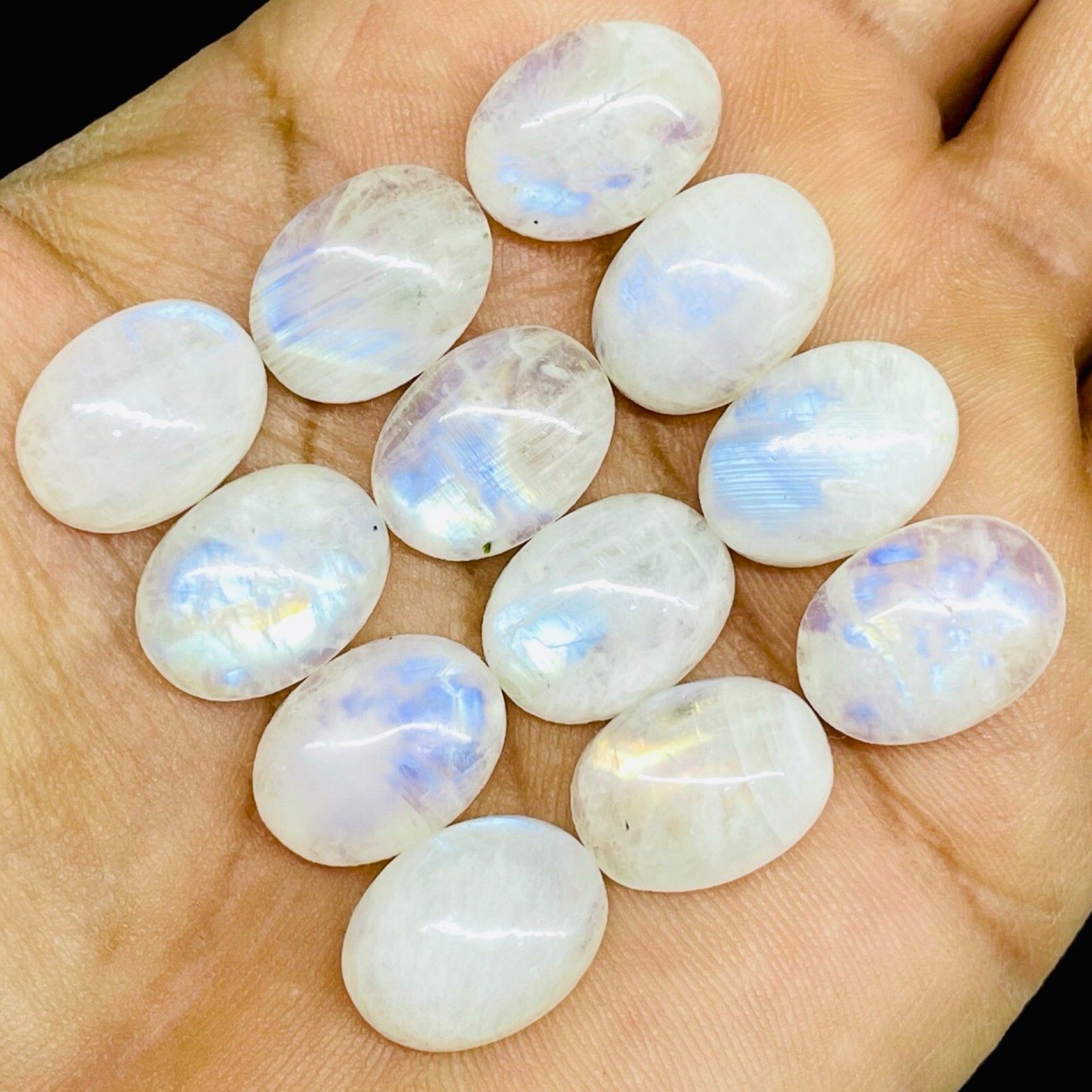 12 Pcs Natural Rainbow Moonstone 16x12mm Oval Blue Shines Cabochon Gemstones Lot