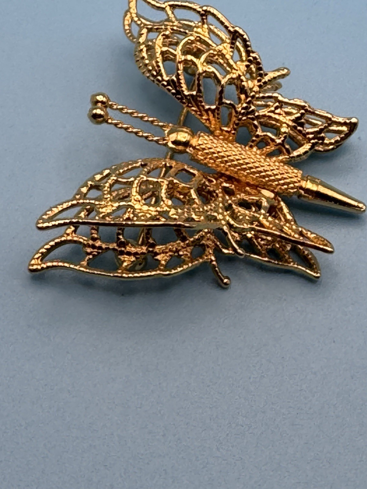 Vintage Monet Signed Gold Tone Butterfly Brooch Pin 3D Filigree Double Wing