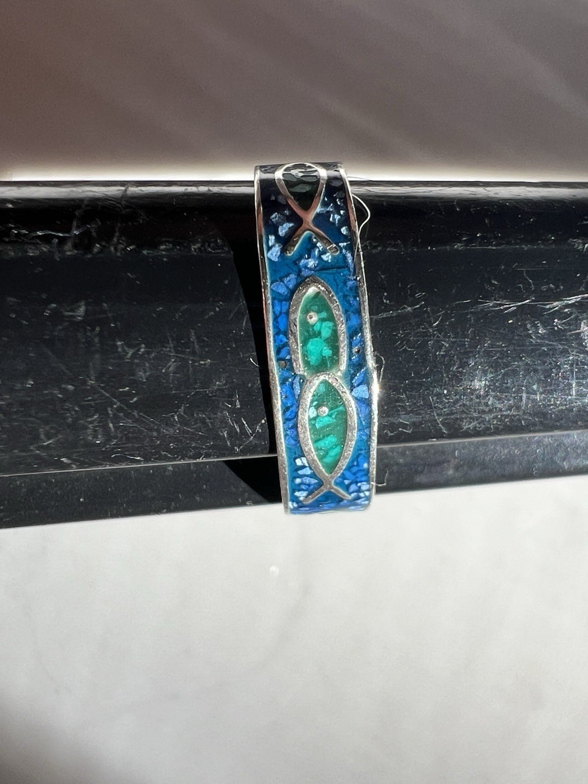 Vintage Antique Solid 14k Gold 585 Stamp Enamel Fish Figure Blue Ring Size 6.75