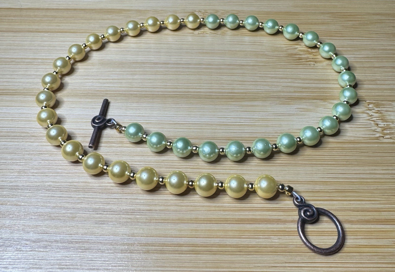 Yellow and Pale Green Round Pearl Beaded Necklace, Toggle Clasp
