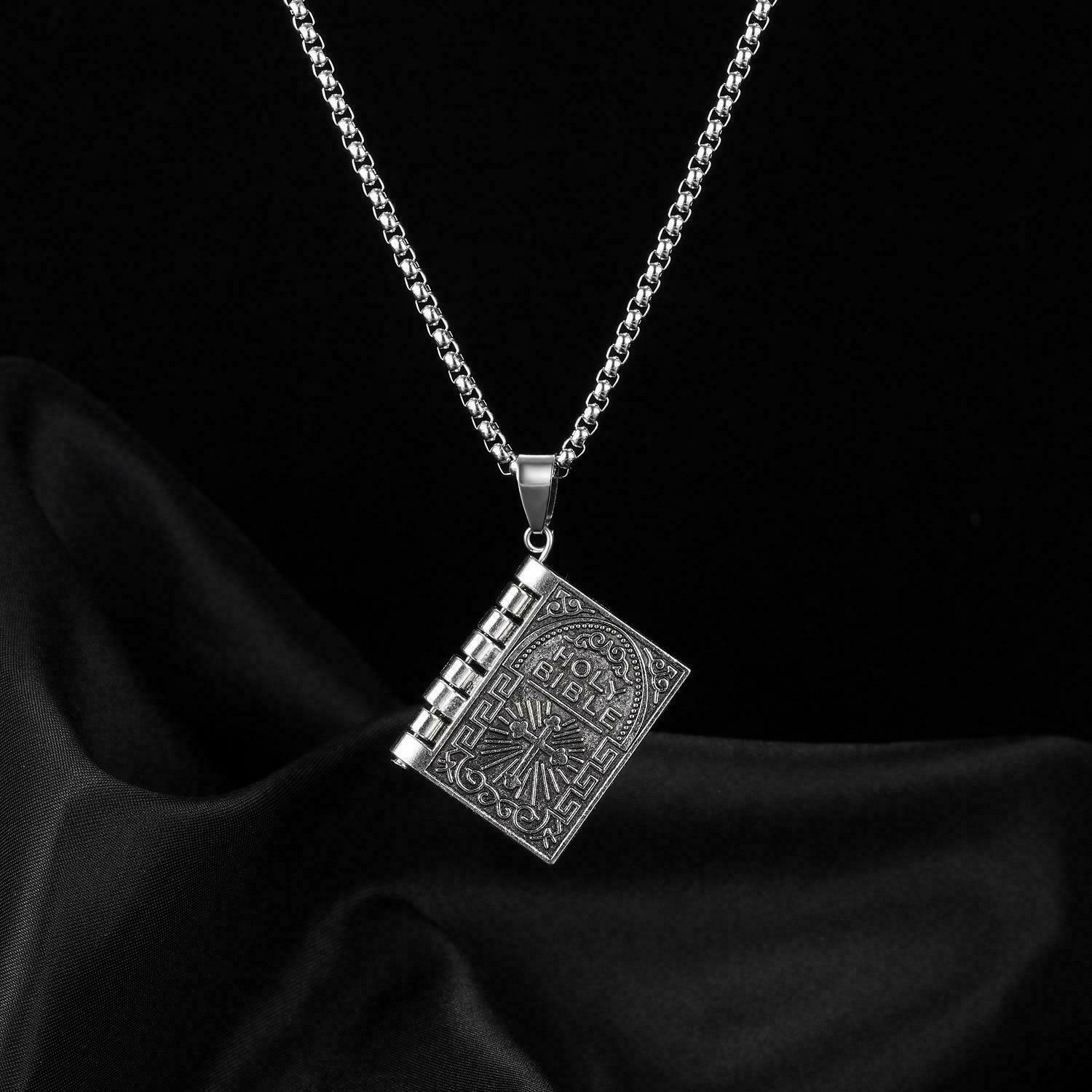 Openable Holy Bible Book Pendant Necklace Prayer Bible Verse Faith on God Unisex
