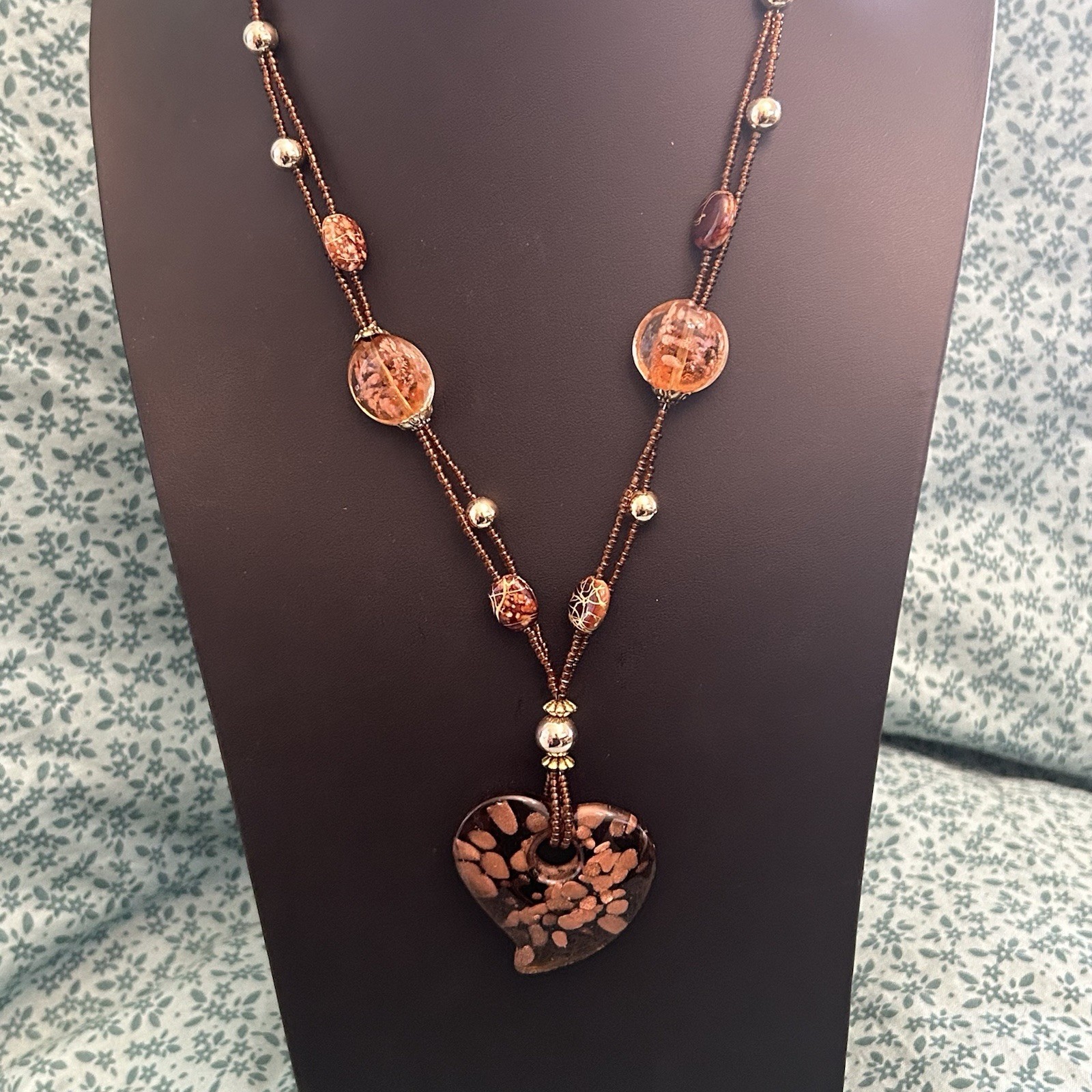 Brown Beaded Necklace w/ Heart Charm Pendant, Love Theme, Bead Material