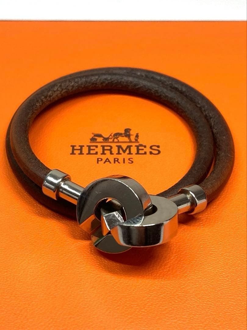 [Used] Hermes Lancelot Choker Necklace Double Wrap Bracelet Brown Leather Silver