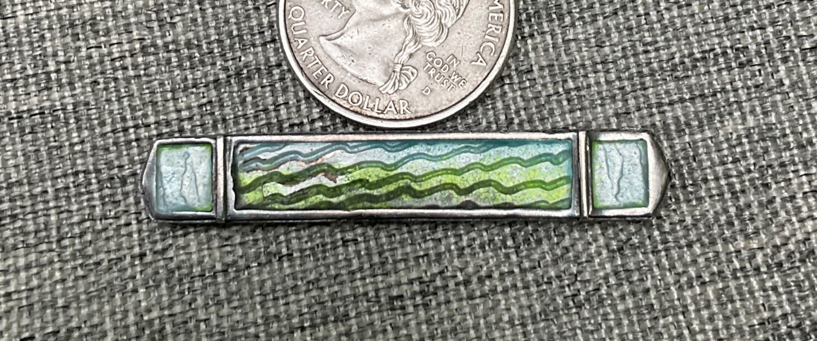 Carly Wright Sterling Silver Enamel Green Wave Landscape Bar Pin Brooch Signed