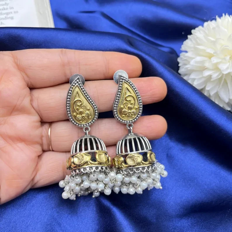 Oxidized Jhumka Earrings Gold Tone Pearl Drop Indian Ethnic Boho Jewelry Women