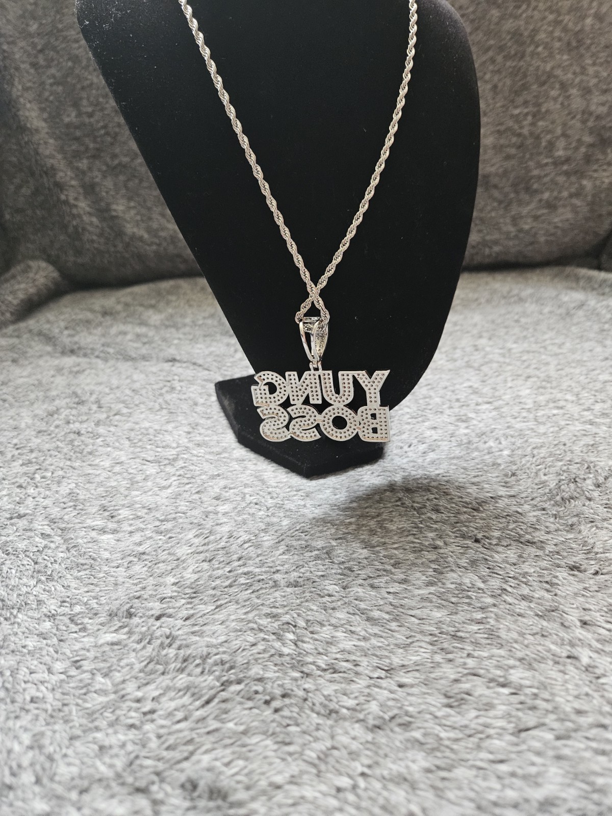 Silver Plated Rope Chain Necklace w/ Clear Crystal Pavé YUNG BOSS Text Pendant