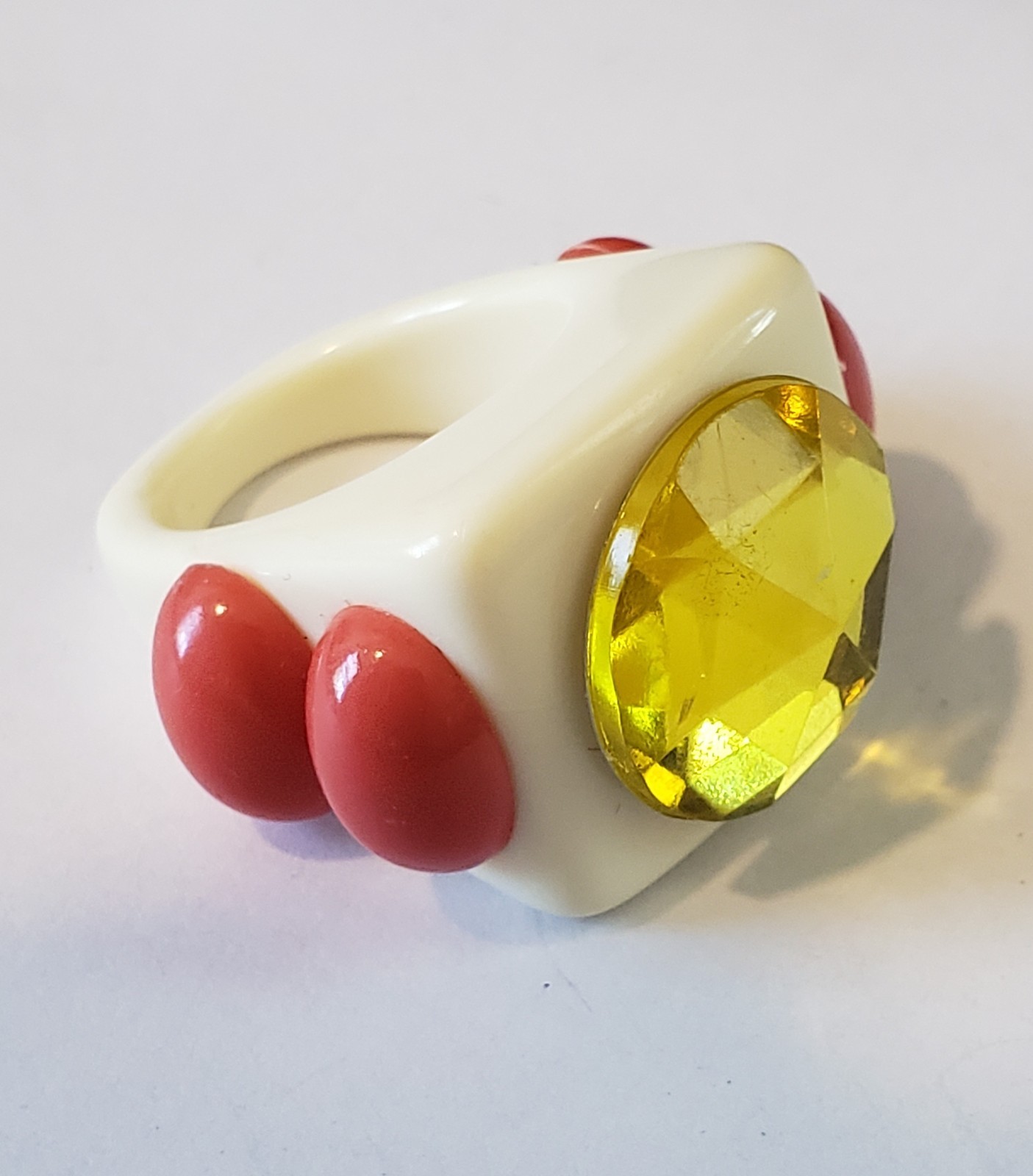 Signed La Manso Ring White Dark Pink Side Cabochons Yellow Faceted Top Sz 5