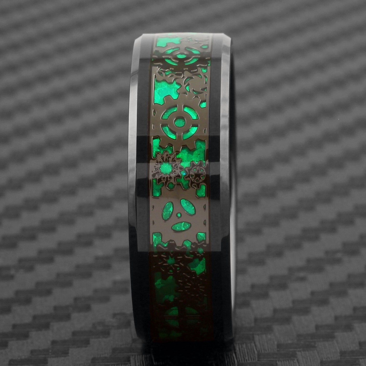 8mm Tungsten Gunmetal Steampunk Clockwork Gears Green Carbon Fiber Wedding Ring