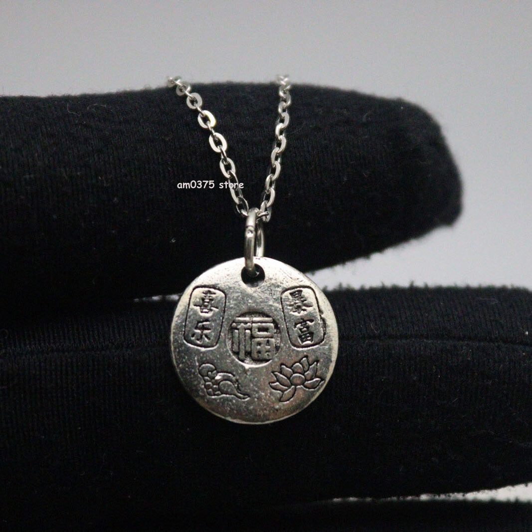 Real 925 Sterling Silver Women Men Lucky Round Fu Pendant Accessory 15*15mm