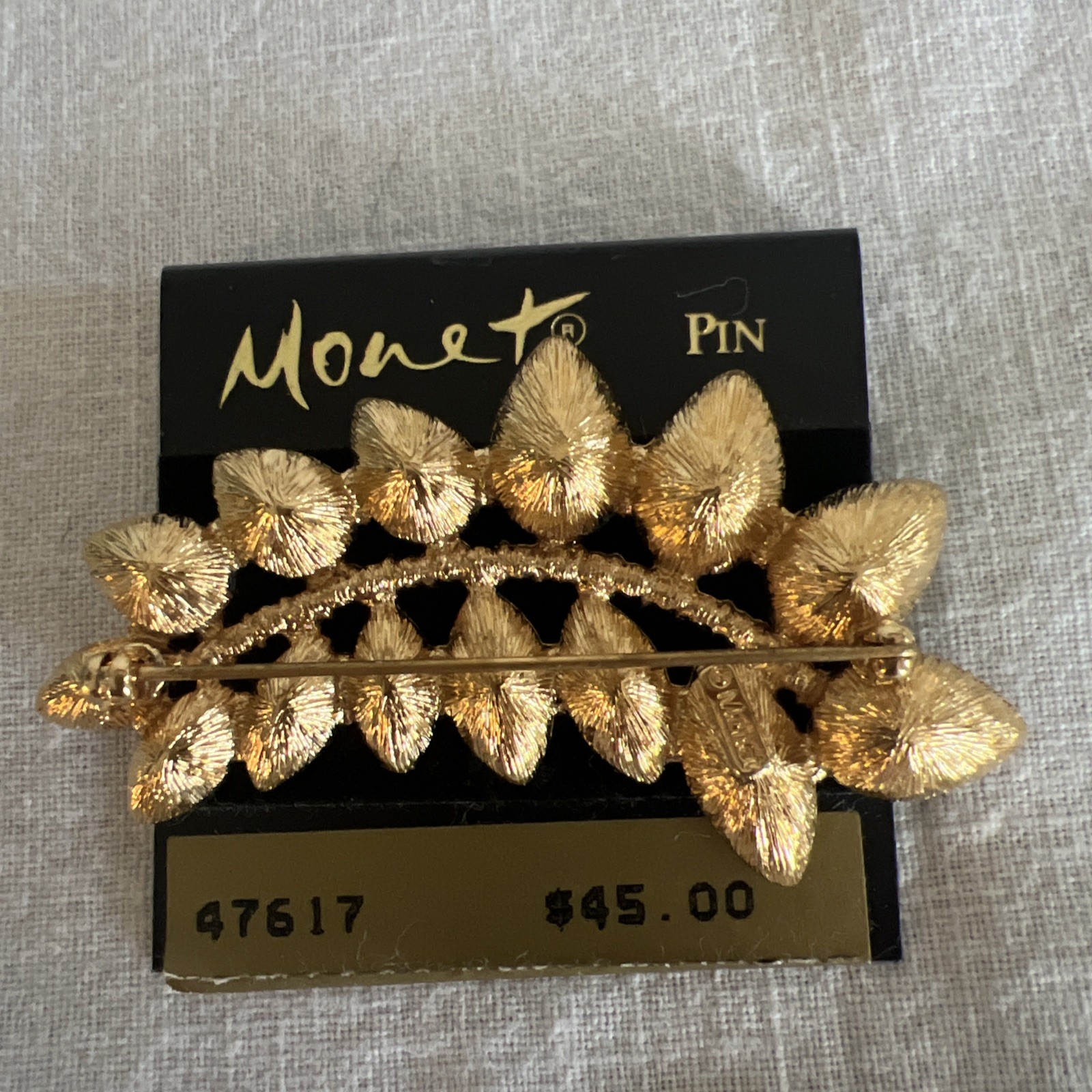 Vtg Signed Monet Gold Tone Leaf White Rhinestones Brooch Statement Pin 2 5/8 in