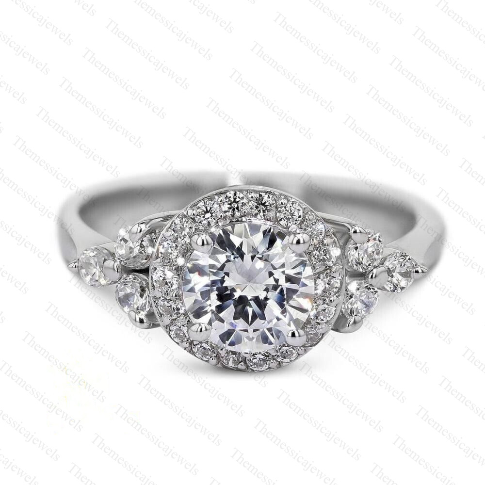 1.8 Carat Round Cut Real Moissanite Halo Engagement Ring 14K White Gold Plated