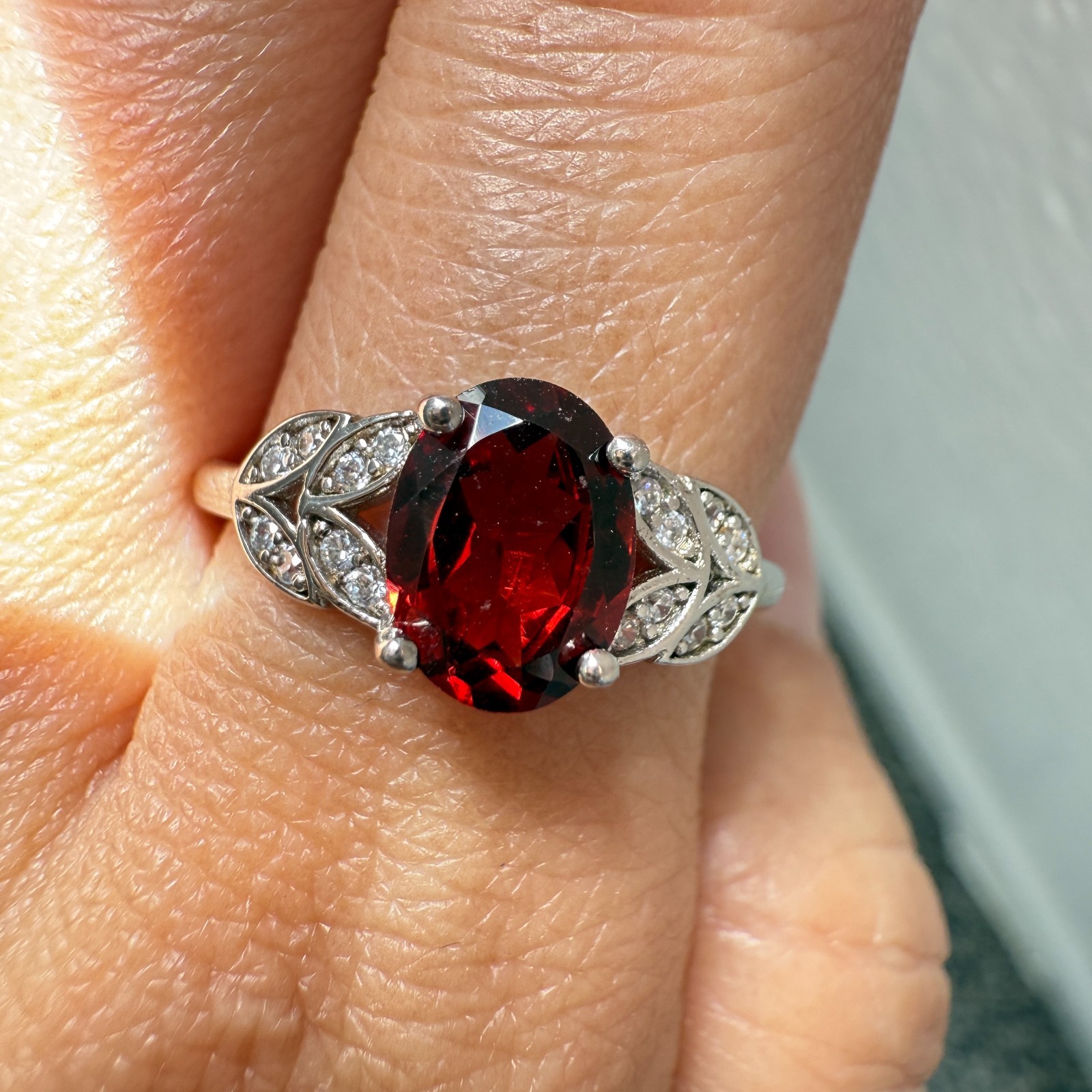 925 Sterling Silver Ring 8x6mm Natural Rhodolite Garnet Gemstone Zircon Flower