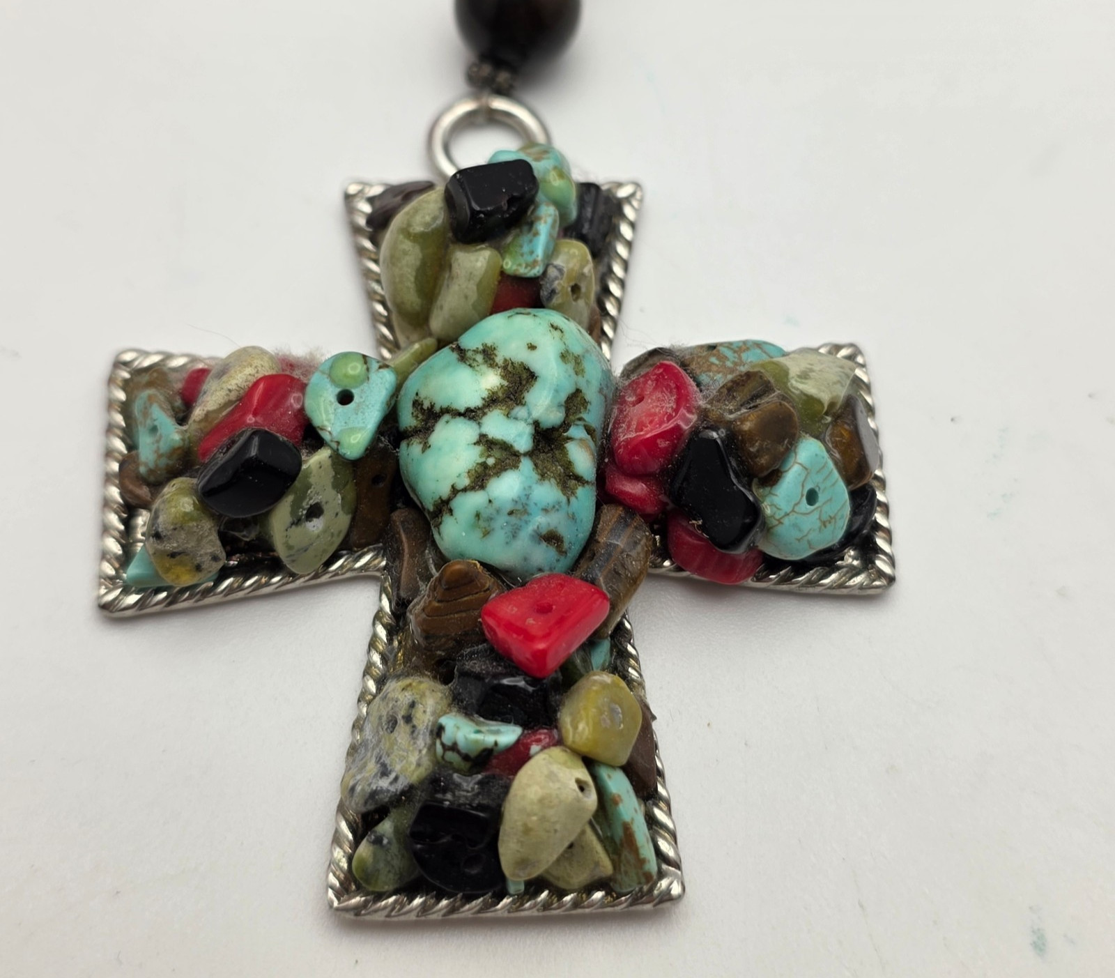 Southwestern Cross Pendant Necklace Multicolor Stone Ceramic Glass Beads 20 in