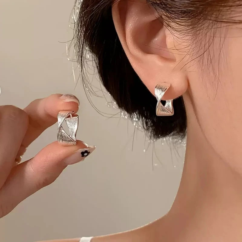 925 Sterling Silver Twisted Hoop Earrings Textured Geometric Huggie Women Gift