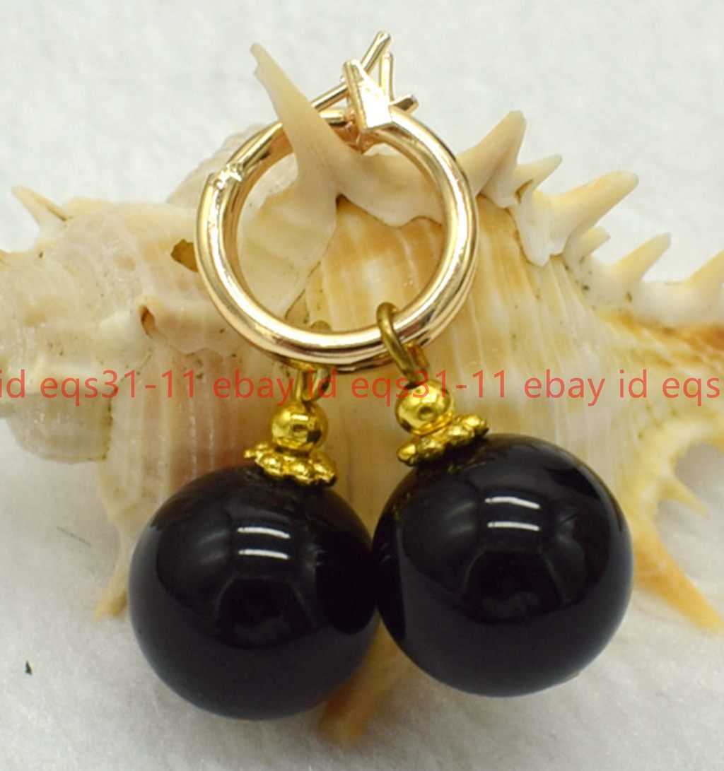 Classic Noblest 12mm Black Agate Round Gemstone Beads Leveback Earrings