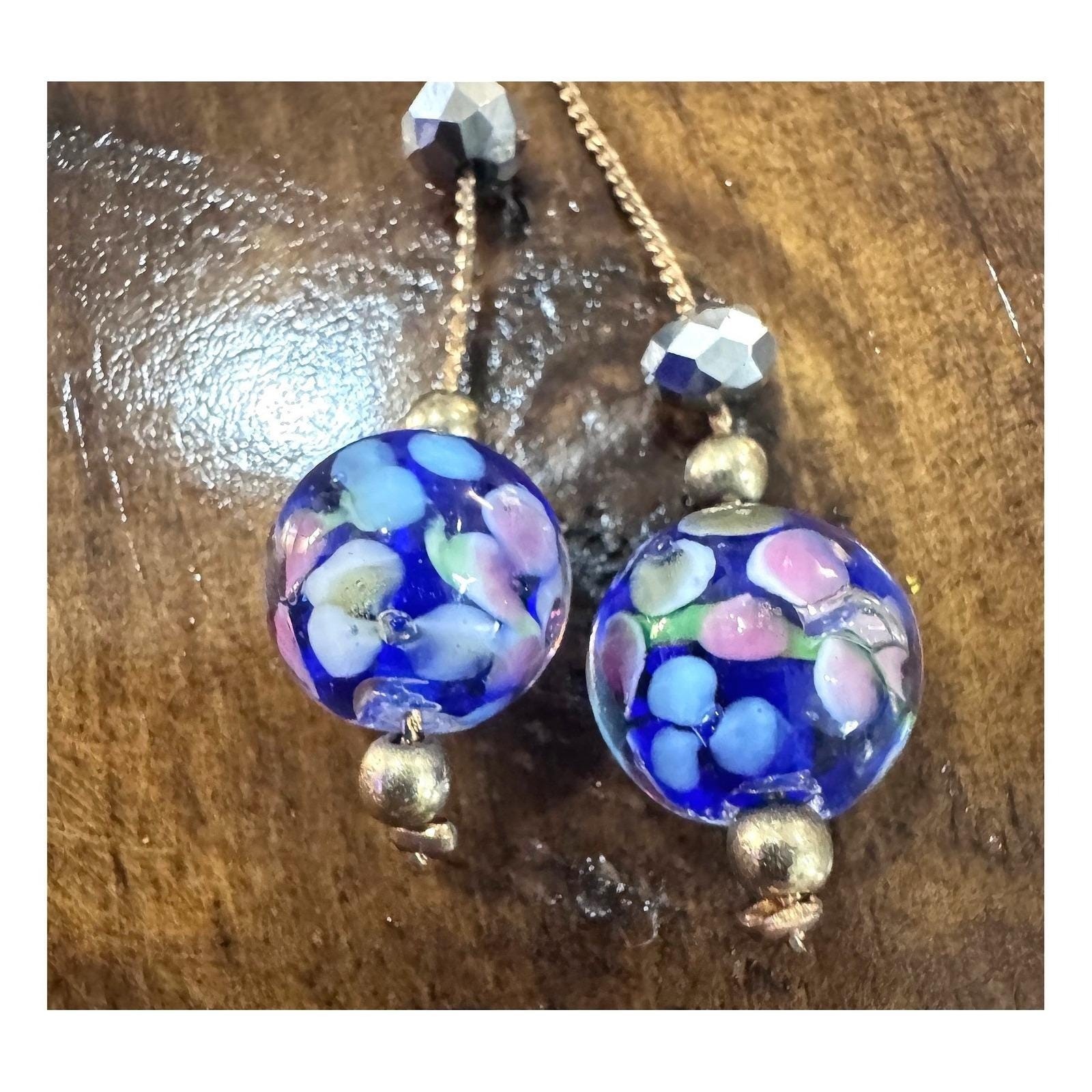 Artisan Handmade Italian Vibe Millefiori Glass Floral Gold Tone Drop Style