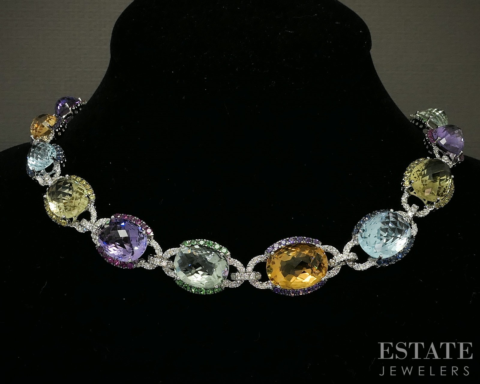 18k White Gold Natural Multi Gem & Diamond Ladies Necklace 91.4g 16.5″L p21780