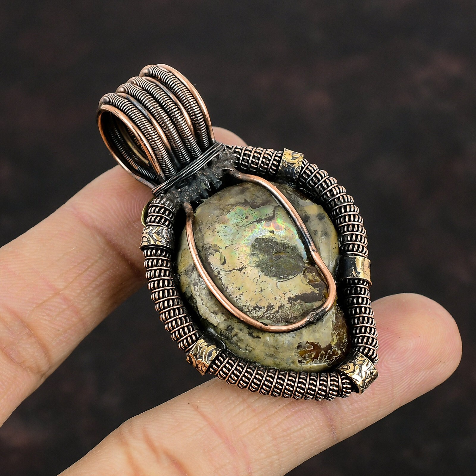 Ammonite Fossil Pendant Copper Wire Wrapped Gemstone Pendant Honey Bee Jewelry