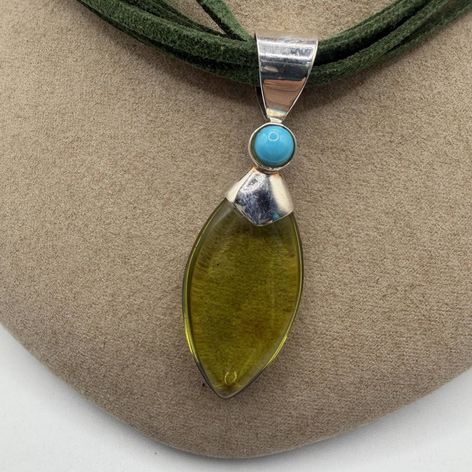 Jay King 925 Green Amber Turquoise Pendant On Green 5 Strand Leather Necklace
