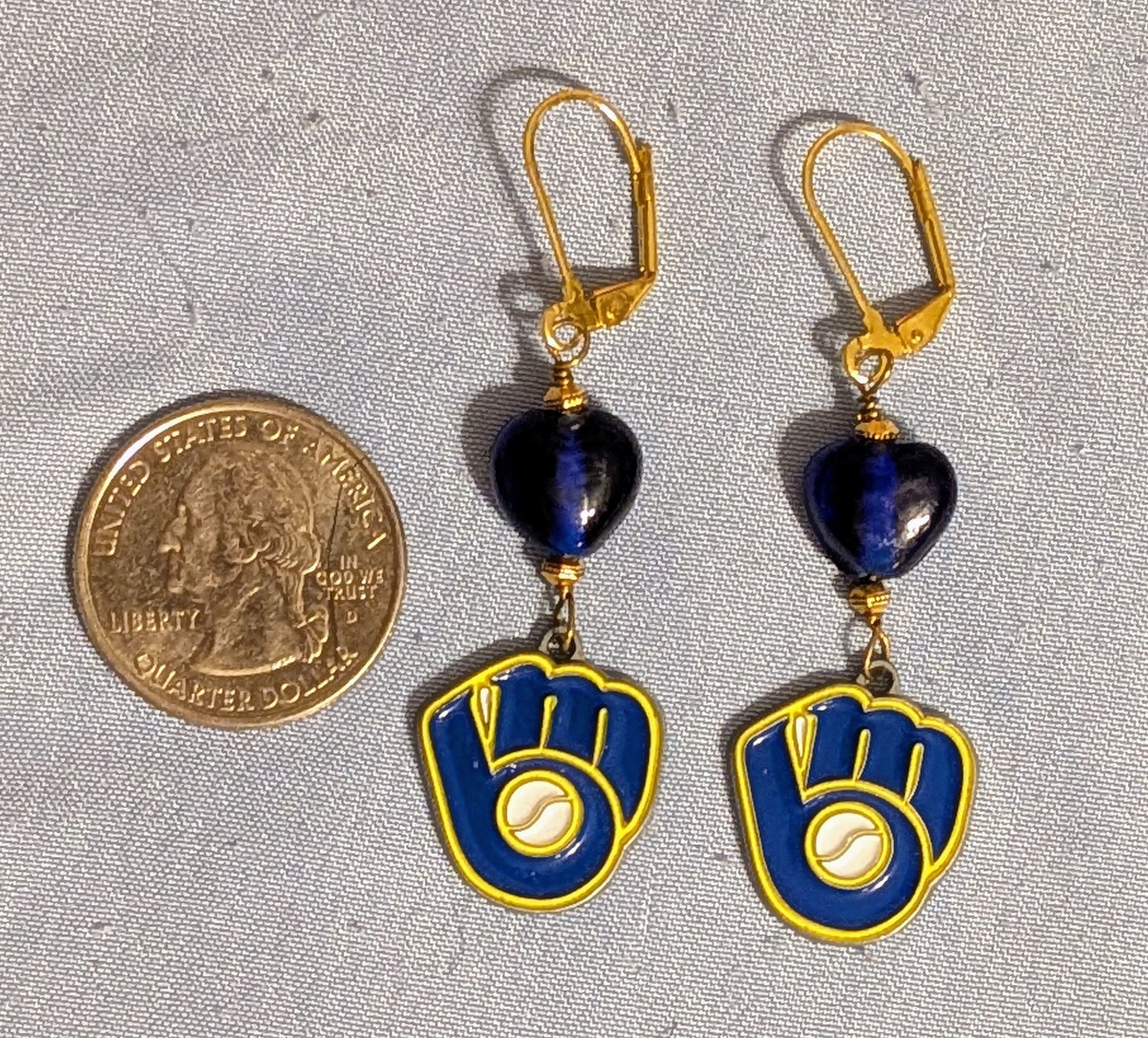 Milwaukee Brewers Baseball Dangle Earrings, Blue & Yellow, One of a Kind Design