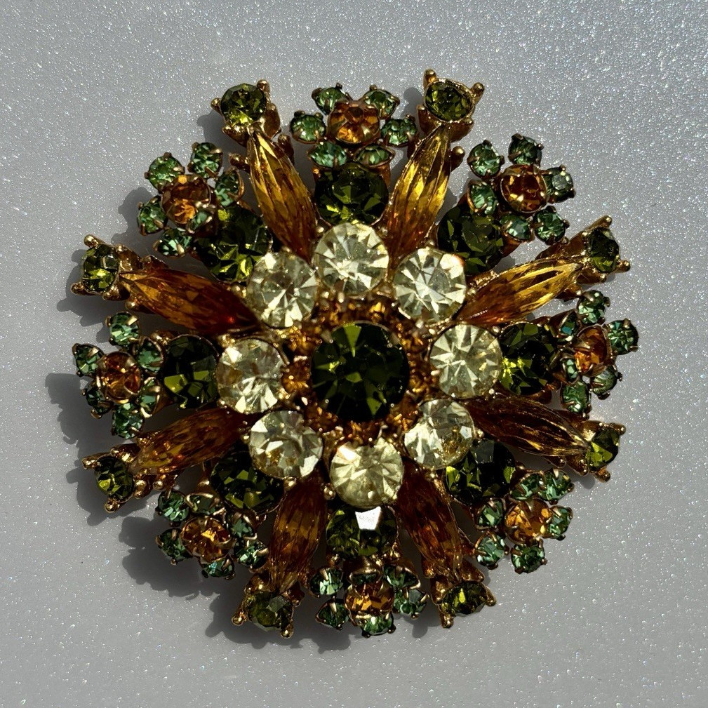 Gold Tone Green Amber Clear Rhinestone Flower Brooch Pin, Round Stones