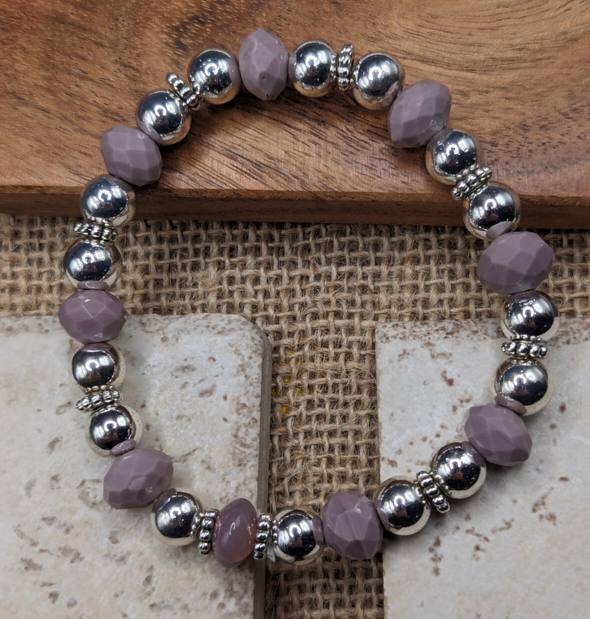 Lavender Faceted Glass, Hematite Beaded Stretch Bracelet (17cm) S/M Wrist