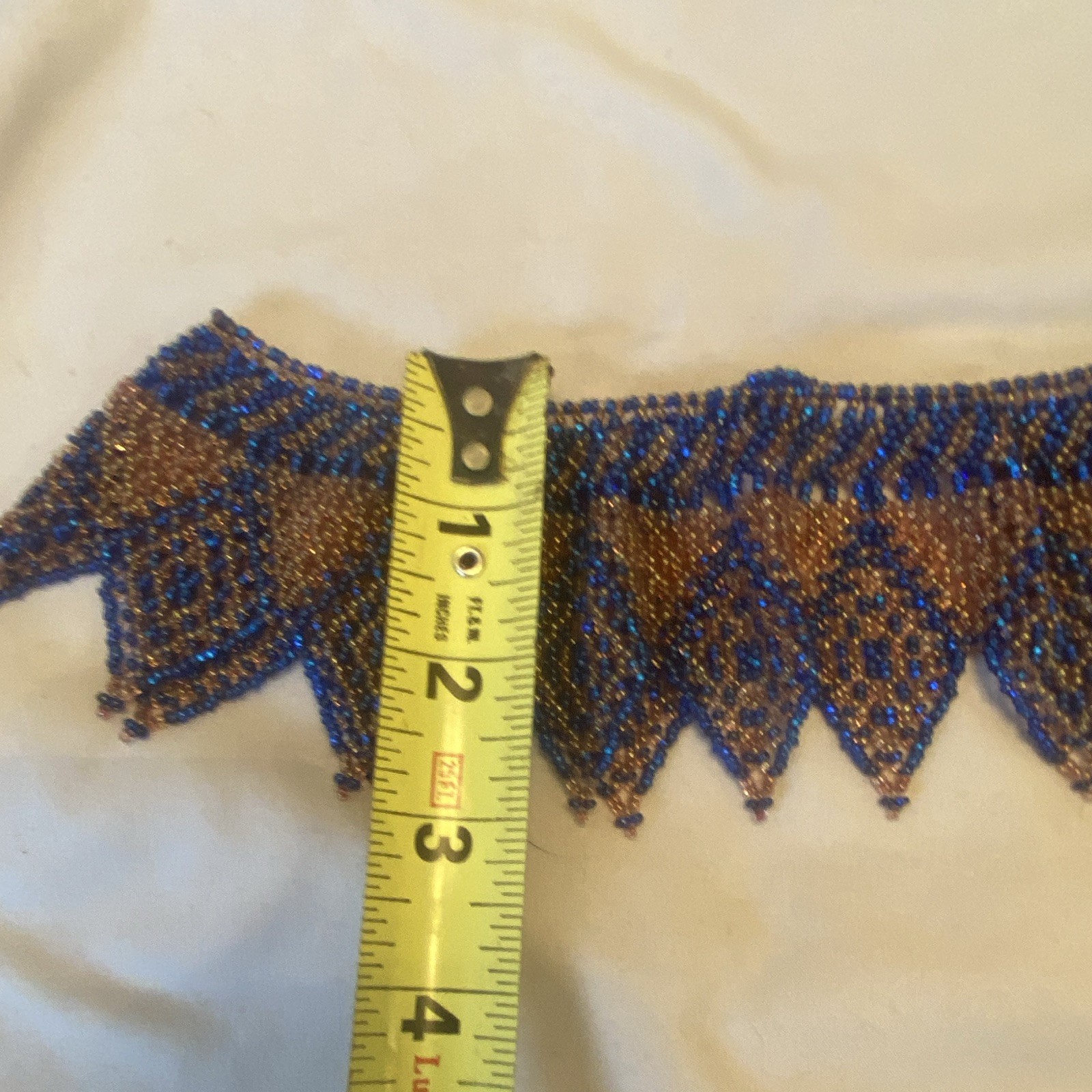 Vintage Blue & Brown Glass Beaded Geometric Bib Choker Necklace Adjustable 10in