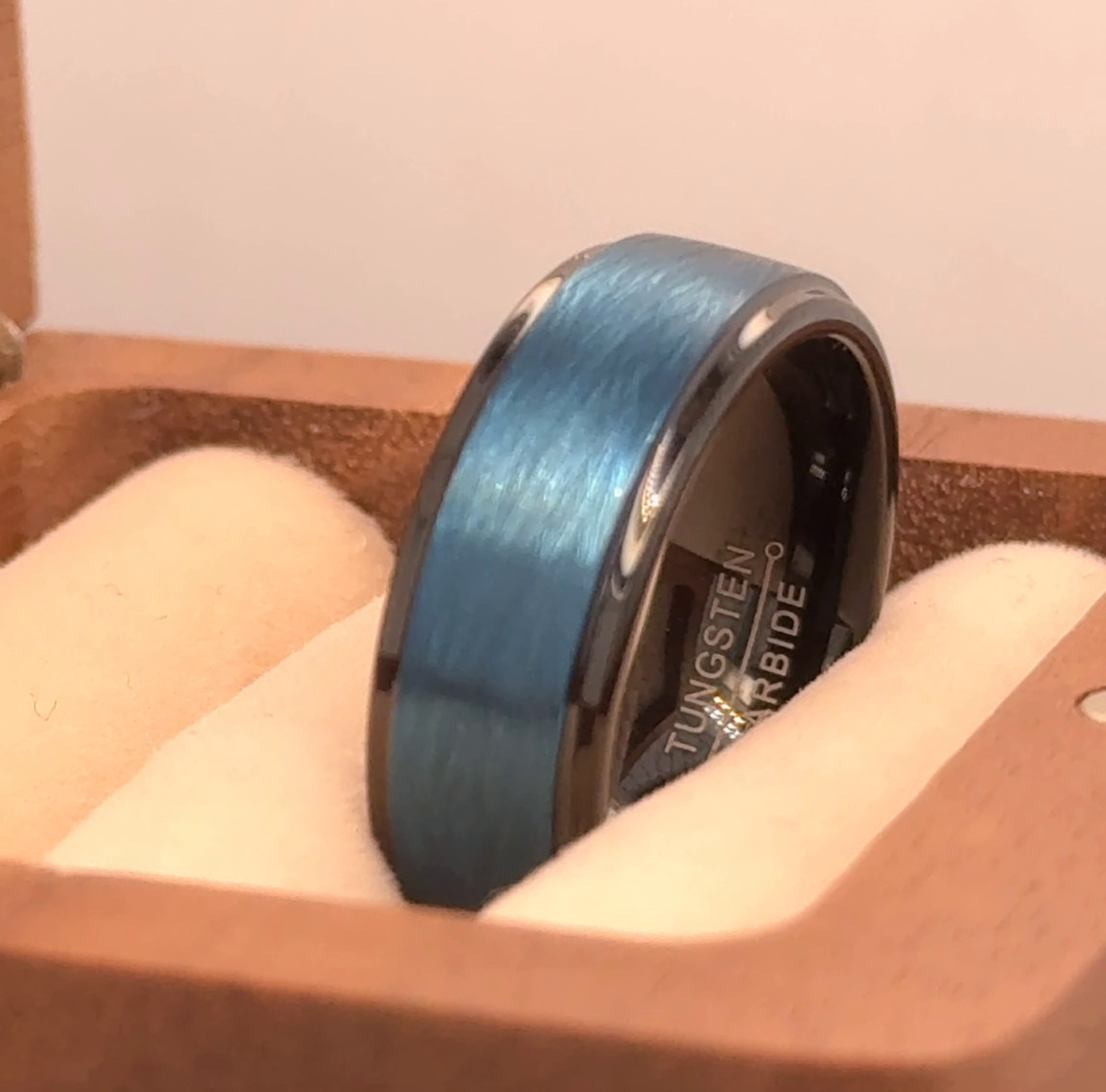 Black and Blue Tungsten Band Christmas Gifts Ring Matt Finish Domed Edges Band